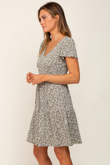 Olive Leaf Printed V-Neck Short Sleeve Dress