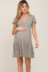 Olive Leaf Printed V-Neck Short Sleeve Maternity Dress