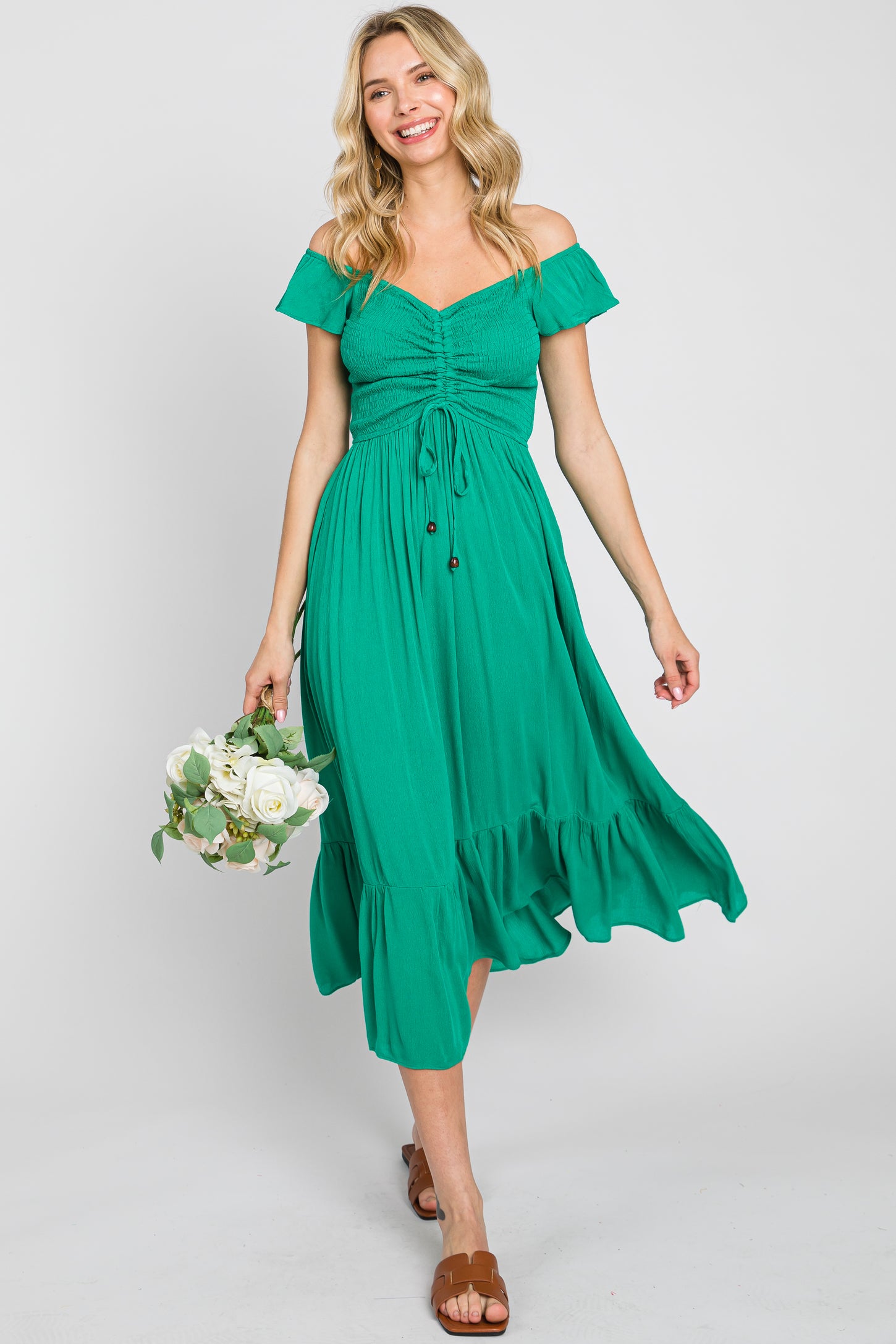 Green Smocked Ruched Ruffle Hem Maternity Maxi Dress