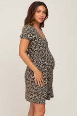 Brown Floral Criss Cross Back A-Line Maternity Dress