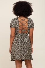 Brown Floral Criss Cross Back A-Line Dress