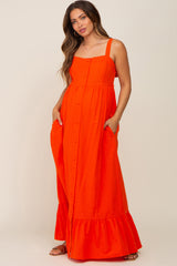 Red Orange Front Button Sleeveless Maternity Maxi Dress