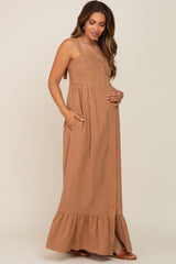 Mocha Front Button Sleeveless Maternity Maxi Dress