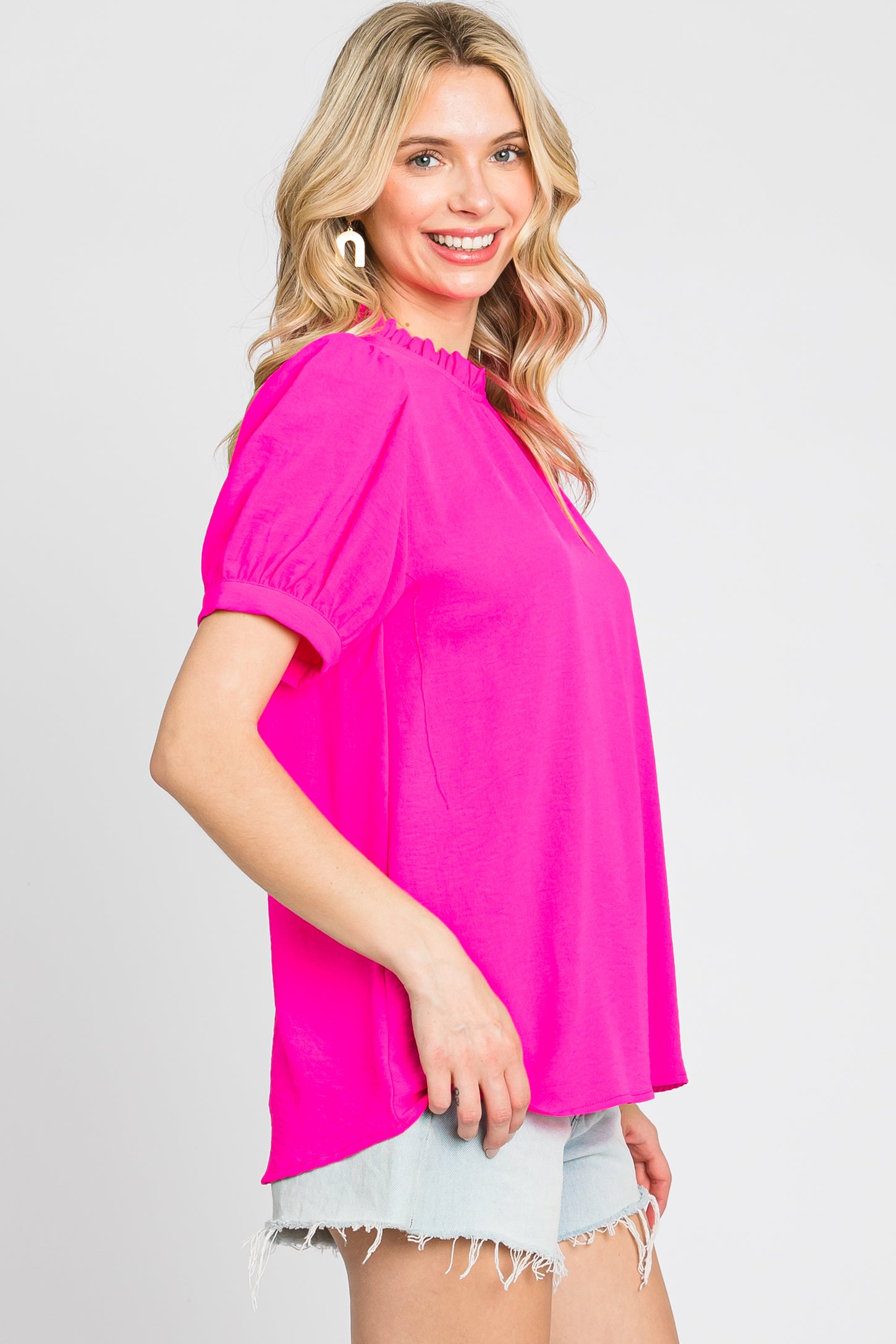 Fuchsia Ruffle Mock Neck Blouse Top