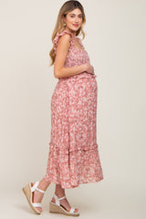 Mauve Floral Smocked Tiered Maternity Midi Dress