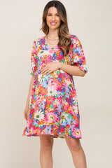 Fuchsia Floral V-Neck Puff Sleeve Maternity Dress