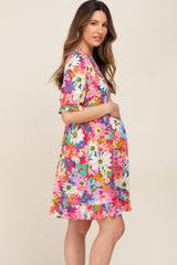 Fuchsia Floral V-Neck Puff Sleeve Maternity Dress