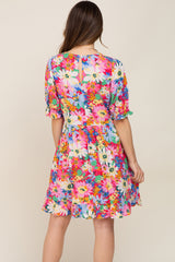 Fuchsia Floral V-Neck Puff Sleeve Maternity Dress