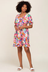 Fuchsia Floral V-Neck Puff Sleeve Maternity Dress