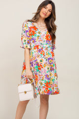 Ivory Floral V-Neck Puff Sleeve Maternity Dress