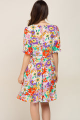 Ivory Floral V-Neck Puff Sleeve Maternity Dress