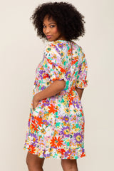 Ivory Floral V-Neck Puff Sleeve Dress