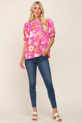 Fuchsia Floral Puff Sleeve Blouse