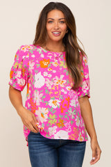 Fuchsia Floral Puff Sleeve Maternity Blouse