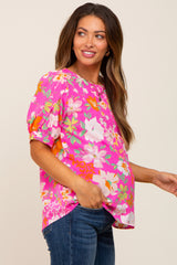 Fuchsia Floral Puff Sleeve Maternity Blouse