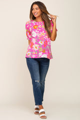 Fuchsia Floral Puff Sleeve Maternity Blouse