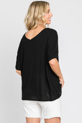 Black Rib Knit V-Neck Top