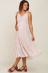 Beige Linen Button Front Shoulder Tie Tiered Maternity Midi Dress