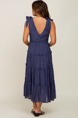 Navy Blue Linen Button Front Shoulder Tie Tiered Maternity Midi Dress