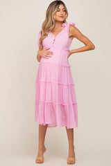 Pink Linen Button Front Shoulder Tie Tiered Maternity Midi Dress