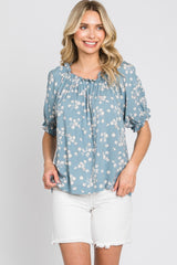 Blue Floral Ruffle Accent Top