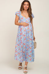 Light Blue Floral Back Cutout Maternity Midi Dress