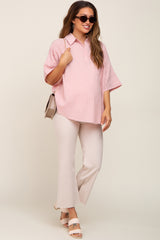 Light Pink Striped Collared Maternity Top