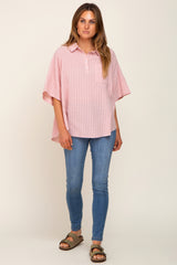 Light Pink Striped Collared Maternity Top