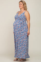 Blue Floral Wrap Front V-Neck Maternity Plus Maxi Dress