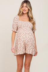 Cream Floral Smocked Puff Sleeve Maternity Romper