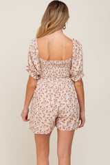 Cream Floral Smocked Puff Sleeve Maternity Romper