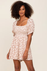 Cream Floral Smocked Puff Sleeve Maternity Romper