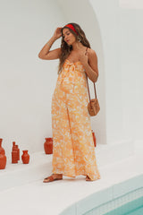 Orange Leaf Print Strapless Front Tie Maternity Jumpsuit