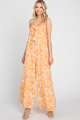 Orange Leaf Print Strapless Front Tie Maternity Jumpsuit