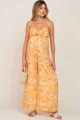 Orange Leaf Print Strapless Front Tie Maternity Jumpsuit