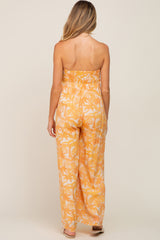 Orange Leaf Print Strapless Front Tie Maternity Jumpsuit