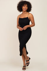 Black Mesh Ruched Cross Back Side Slit Maternity Midi Dress