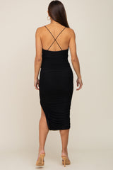 Black Mesh Ruched Cross Back Side Slit Maternity Midi Dress