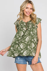 Green Floral Flutter Sleeve Front Tie Top