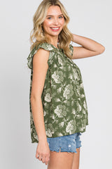 Green Floral Flutter Sleeve Front Tie Top