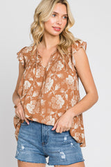 Rust Floral Flutter Sleeve Front Tie Top