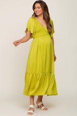 Green Satin Smocked Maternity Midi Dress