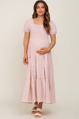 Light Pink Floral Smocked Square Neck Maternity Midi Dress