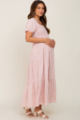 Light Pink Floral Smocked Square Neck Maternity Midi Dress