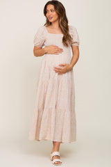 Beige Floral Smocked Square Neck Maternity Midi Dress