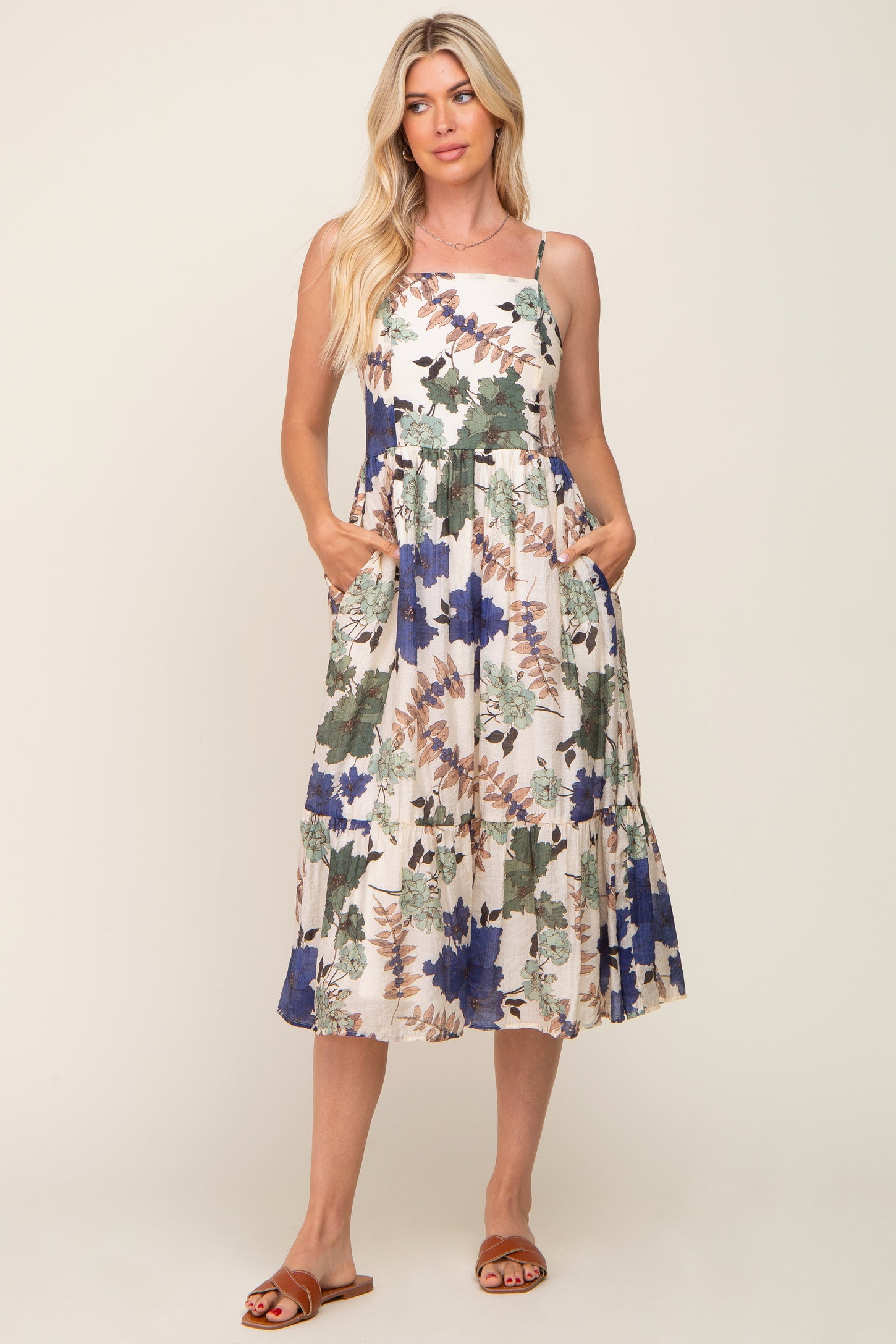 Cream Floral Sleeveless Maternity Midi Dress