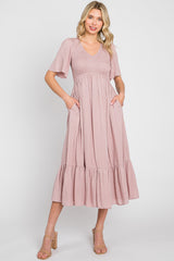 Mauve Textured Dot Smocked Short Sleeve Maternity Midi Dress