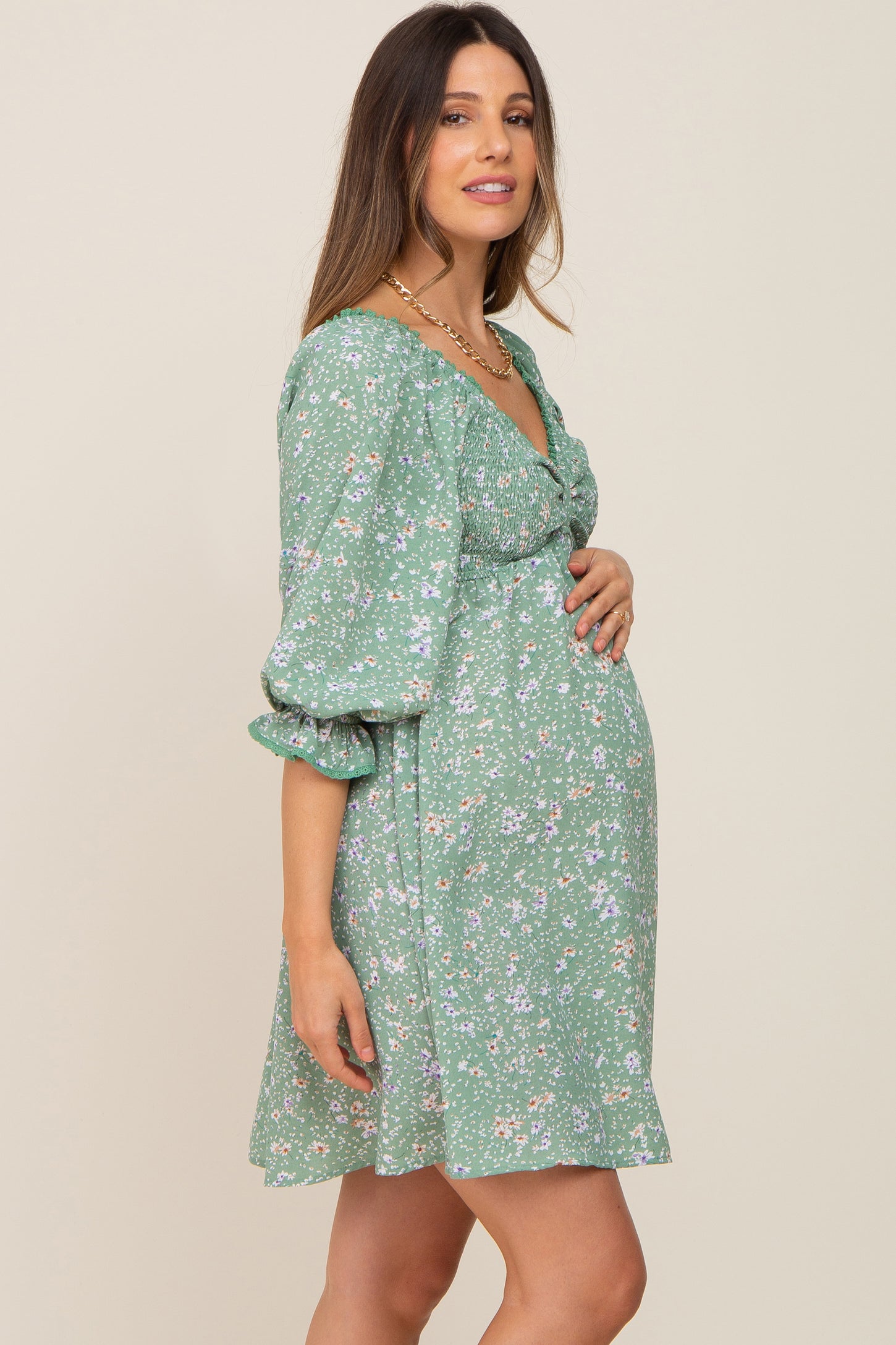 Mint Floral 3/4 Sleeve Maternity Dress
