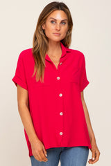 Fuchsia Collared Button-Down Short Sleeve Maternity Blouse