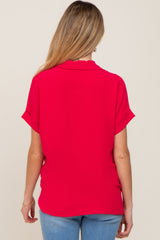 Fuchsia Collared Button-Down Short Sleeve Maternity Blouse